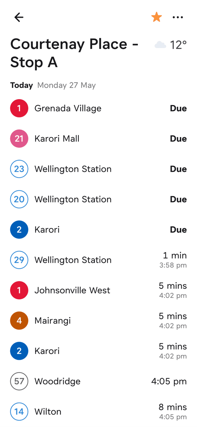Stop page for Courtenay Place Stop A with favouriting applied
