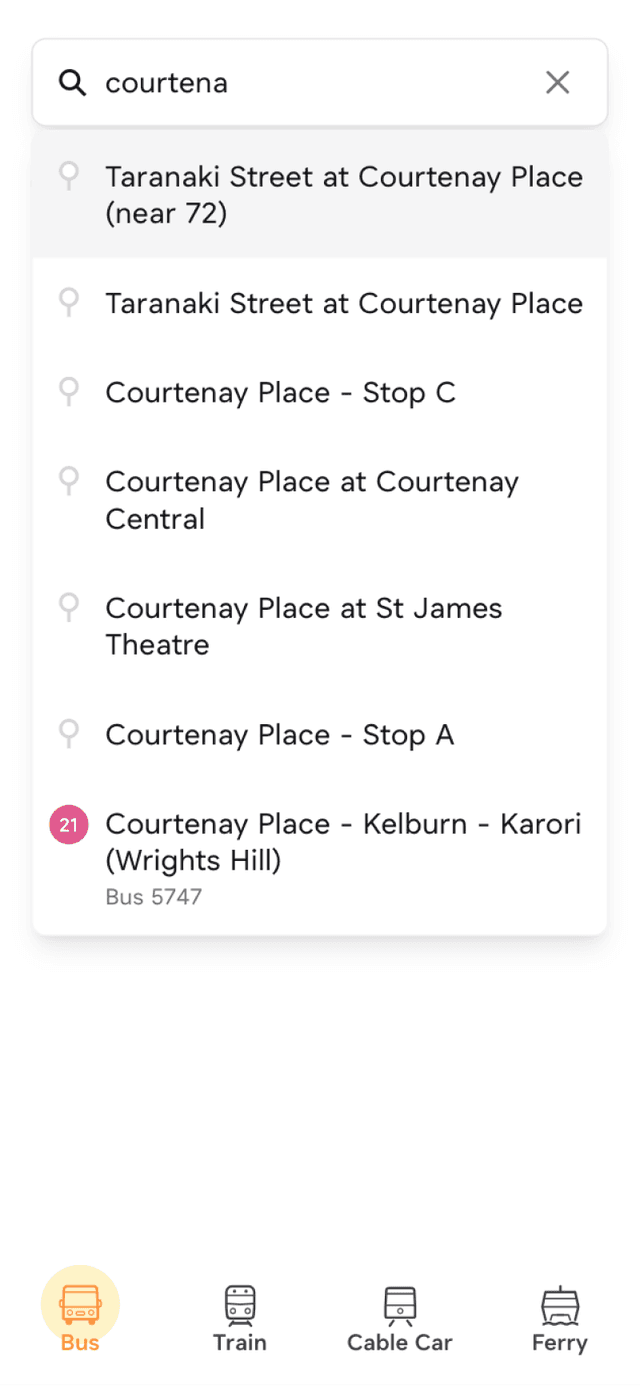 Catchy bus home screen with search results