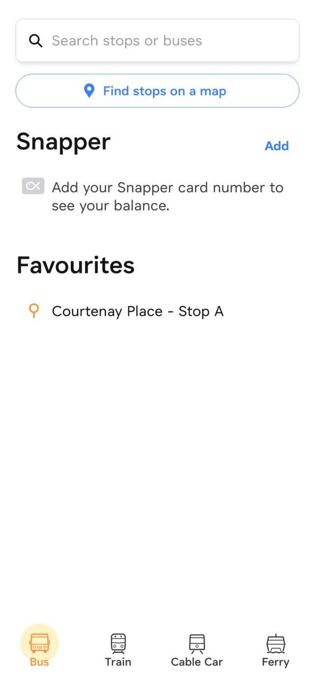 Screenshot of the Catchy app showing the main screen with Courtenay Place Stop A as a favourite