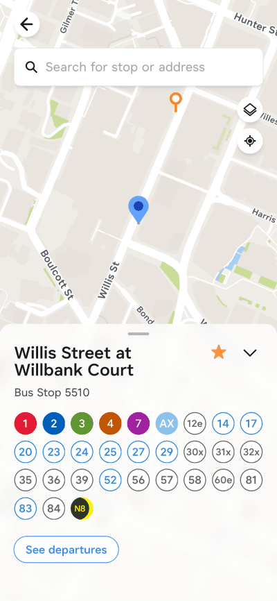 Catchy stop map showing a favourited stop